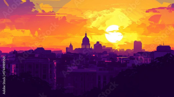Obraz Vibrant cityscape at sunset with stylized brushstrokes. A glowing sun sets behind a prominent dome building.