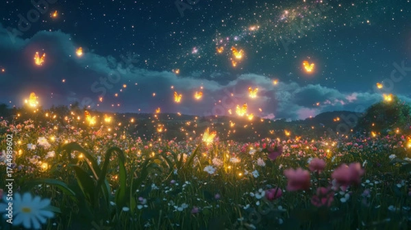 Obraz Magical luminous butterflies illuminate a vibrant wildflower meadow at twilight. Sparkling starry sky creates a dreamlike, enchanting atmosphere.