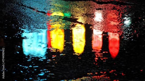 Obraz Vibrant neon lights reflect off a wet, dark city street at night. This colorful abstract scene captures urban beauty and atmospheric movement.