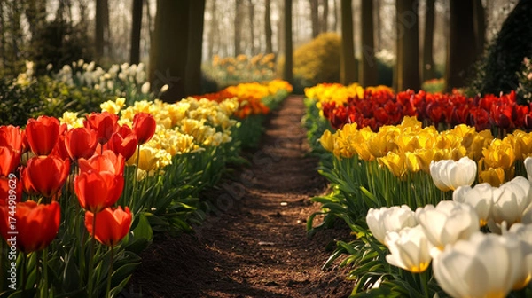 Obraz Vibrant rows of colorful tulips line a sunlit garden path. A beautiful spring scene in bloom.