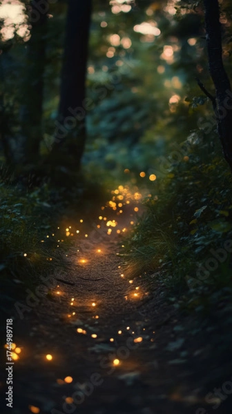 Obraz Magical forest path sparkles with golden light. Enchanting journey through nature at dusk.