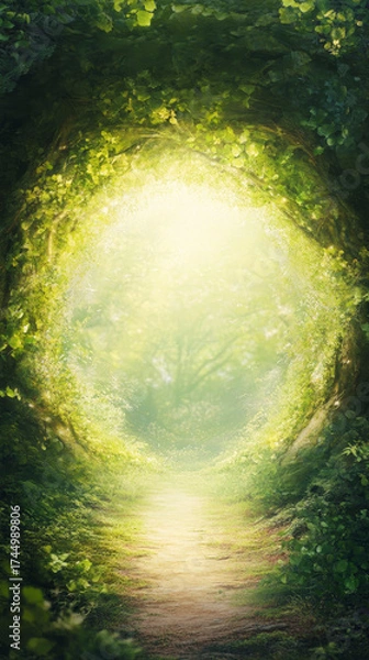 Obraz Path in lush green forest winding toward a bright, magical world. Nature's beauty and wonder illuminated.