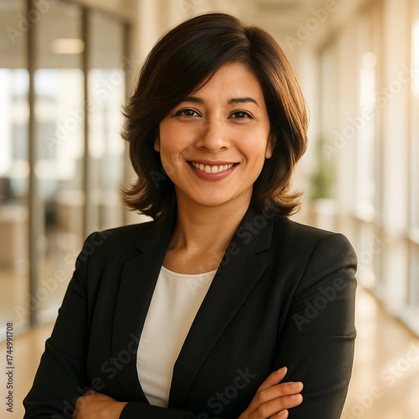 Fototapeta Smiling professional woman in office environment with natural light
