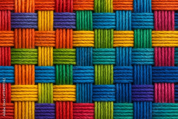 Fototapeta Vibrant woven fabric pattern with colorful geometric thread design
