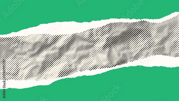 Fototapeta Vintage background with comic halftone dotted crumpled paper. Realistic torn page with uneven edges. Green cool banner. Funny template for presentation, layout, collage. Vector EPS10
