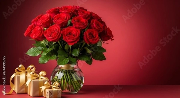 Fototapeta A beautiful bouquet of red roses in a glass vase with gifts on a red background, perfect for valentines day