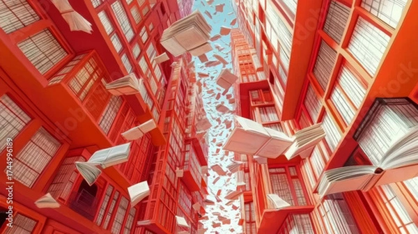 Obraz Abstract buildings frame a sky filled with flying books. Knowledge takes flight in this vibrant, imaginative scene.