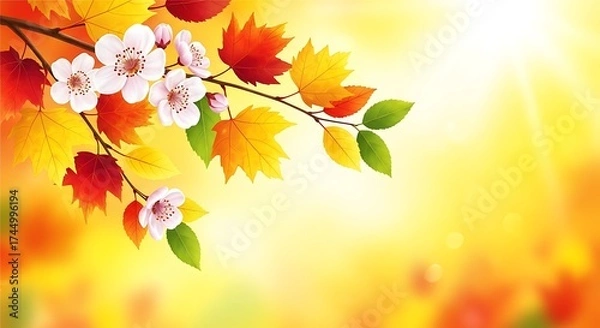 Fototapeta A branch of cherry blossoms and autumn leaves against a bright yellow background, symbolizing the change of seasons