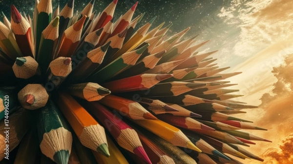 Obraz Vibrant colored pencils burst forth, pointing to a celestial sky. Creativity ignites under a cosmic backdrop.