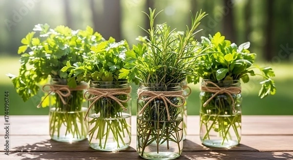 Fototapeta Fresh herbs in glass jars on a wooden table with a blurred green background in the sunlight