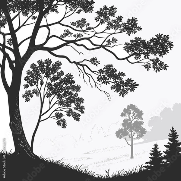 Fototapeta Silhouette of a tree in a serene landscape, , creating a peaceful and tranquil scene with a touch of artistic elegance and natural beauty