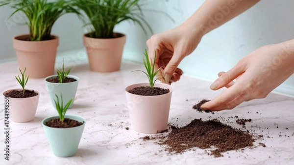 Obraz Hands fill small pots with soil, planting young green seedlings indoors. A cozy scene of nurturing new life.