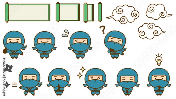 Fototapeta 色々なポーズのかわいい忍者のキャラクターイラストセット。　シンプルで親しみやすい和風のゆるキャラ