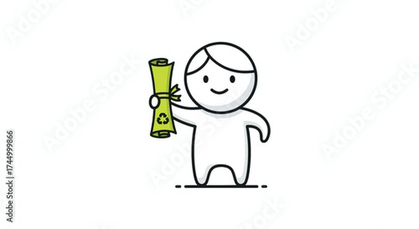 Fototapeta Cute cartoon character holding a green scroll with a recycling symbol.
