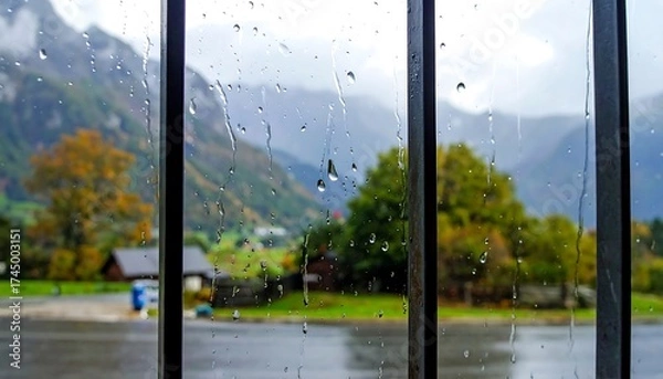 Obraz Rainy day mountain landscape through window bars