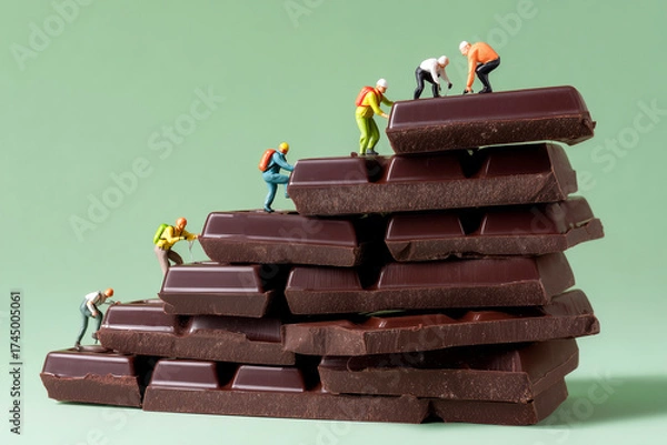 Fototapeta A whimsical stack of chocolate bars with tiny chef figurines mounting the blocks, in a playful culinary scene.