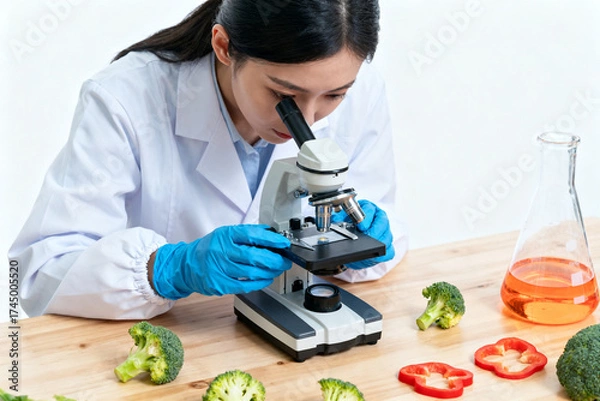 Fototapeta Woman in lab coat using microscope