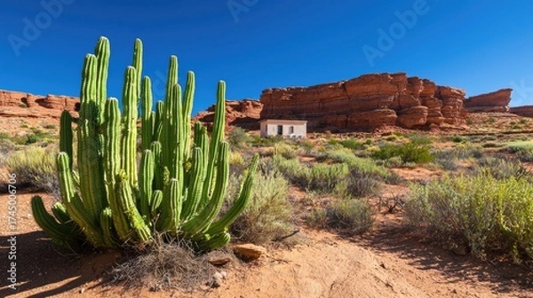 Fototapeta Stunning Desert Landscape with Cacti, Red Rock Formations, and a Small White House Under Clear Blue Sky
