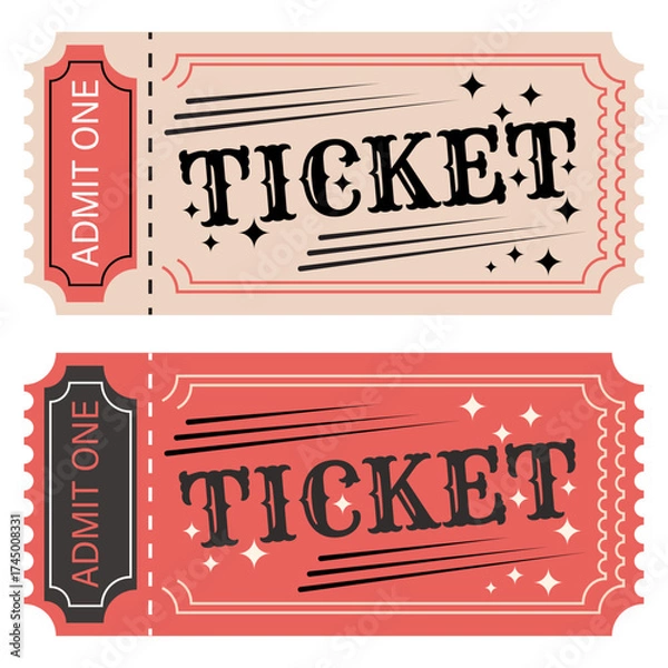 Obraz Vintage admit one ticket design set in retro style, classic event entry coupon, old-fashioned theater cinema concert carnival pass, decorative printable paper ticket template for entertainment events