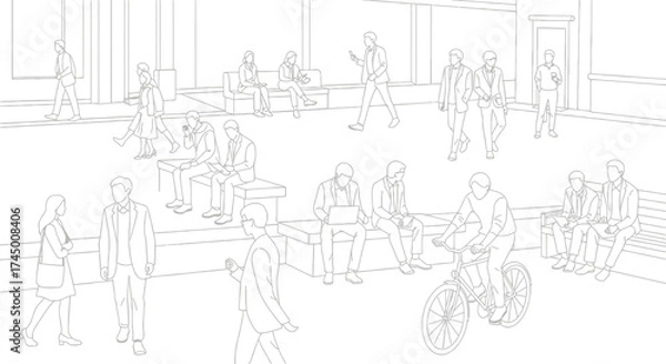 Fototapeta Architectural vector illustration of various people engaged in different activities, outlined in a minimalist style, white background