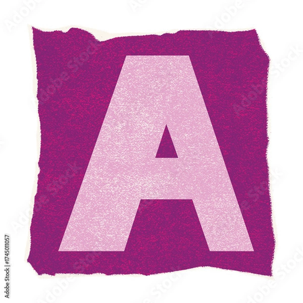 Fototapeta Flat design stylized letter A is floating on torn grainy magenta square with clear background