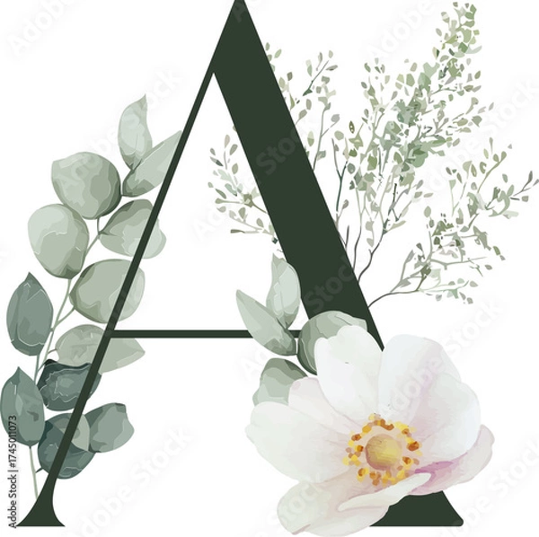 Fototapeta Flat design letter A is merging eucalyptus and baby's breath, pink flower, transparent, copy space