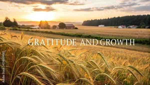 Obraz Sunrise over Golden Wheat Fields with Inspirational Text about Gratitude and Growth in Rural Landscape