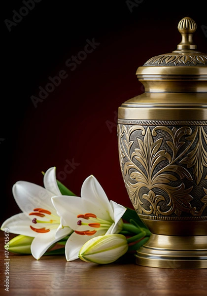 Fototapeta Decorative urn with white lilies on wooden table with dark background  