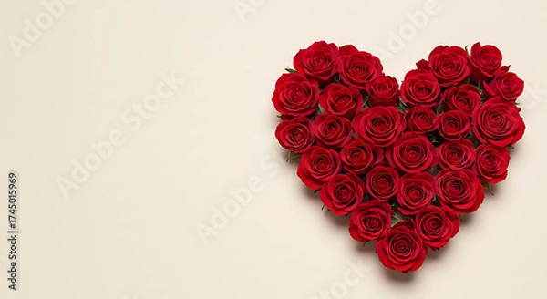 Fototapeta Heart shape made of red roses on soft beige background  