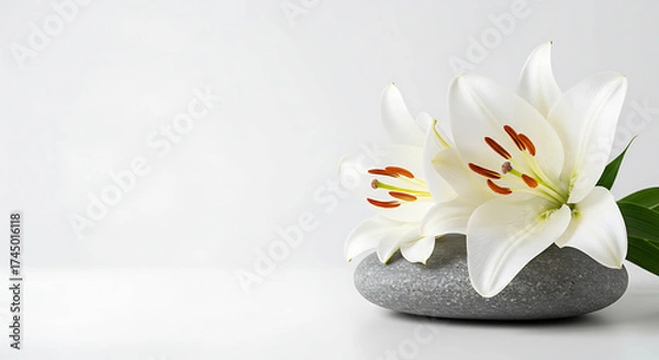 Fototapeta Elegant white lilies arranged on smooth gray stone in minimal style  