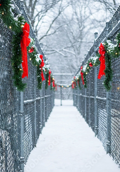 Fototapeta Winter path decorated with red bows and greenery prison in snowfall  