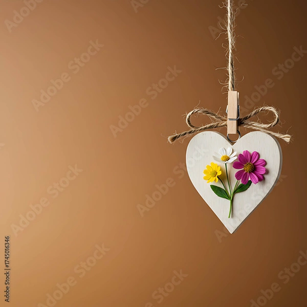 Fototapeta Heart-shaped card with colorful flowers hanging on brown background  
