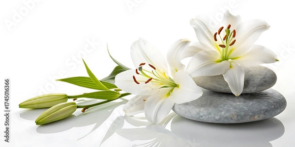 Fototapeta White lilies and stones arranged in a tranquil spa setting  