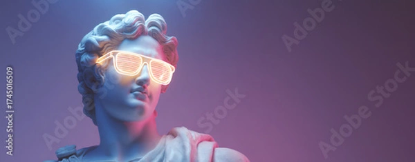 Fototapeta Man ancient statue wearing trendy sunglasses on purple background. Retro greek sculpture with modern visor. Vaporwave artistic concept.