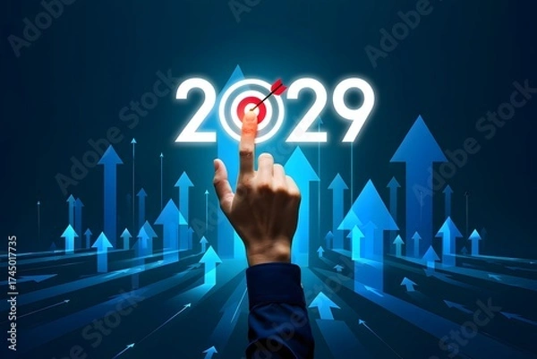 Obraz A hand pointing at the year two thousand twenty nine with arrows going up on a blue background