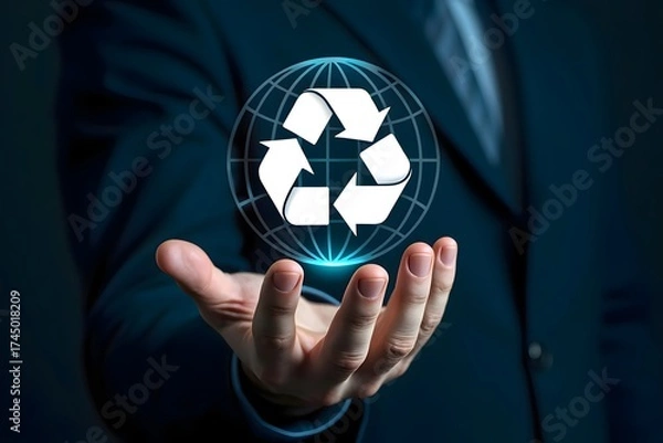 Obraz Man holding a glowing recycle symbol in his hand with a globe behind it on a blue background