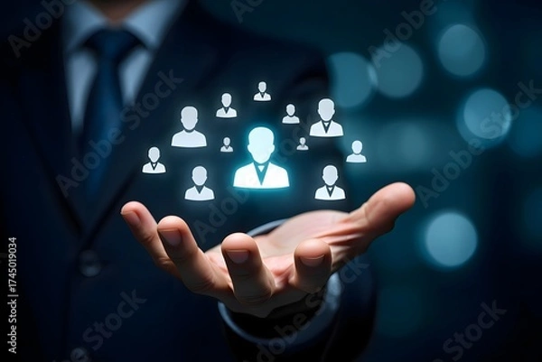 Obraz Man in suit holding glowing people icons in hand representing human resources and team management concept