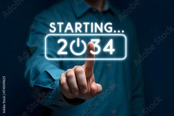Obraz A person touching a glowing screen that says starting and the year two thousand thirty four in a rectangle