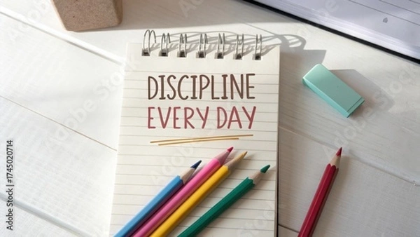 Fototapeta Motivational Note on Notepad Surrounded by Colorful Pencils and Stationery Items on a Bright Wooden Desk