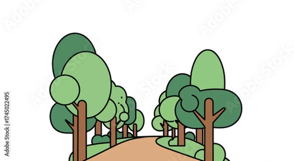Fototapeta A charming cartoon illustration of a winding path through a stylized forest.