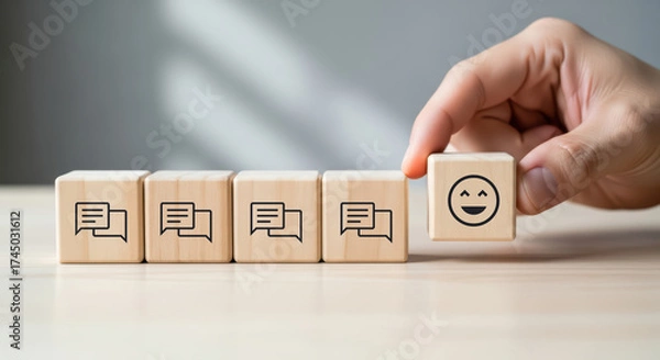 Fototapeta Positive customer satisfaction concept. Wooden cube with a happy face standing out among blocks with speech bubble icons, symbolizing positive feedback and quality service