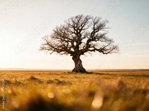 Fototapeta A striking, barren tree stands alone in a vast field, with the sun casting a warm glow on the landscape, evoking feelings of solitude and resilience.