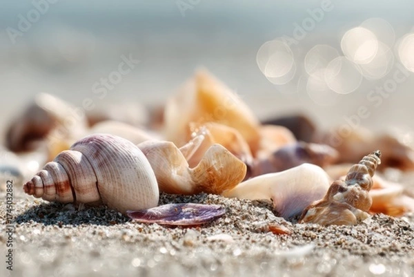 Fototapeta Soft Focus Seashells on Tranquil Sandy Beach Background