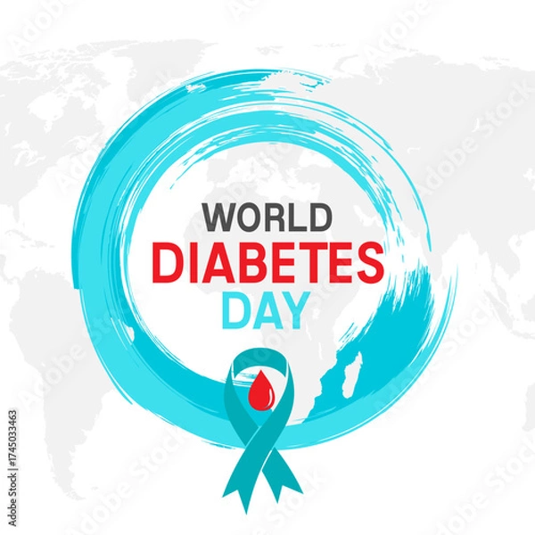 Fototapeta Diabetes day poster. Vector illustration of diabetes concept with blood drop and blue ribbon and circle on the world map backdrop