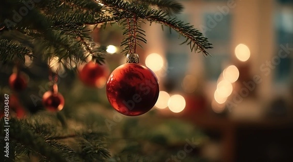 Obraz Winter Holiday Decoration: Close-Up of a Lighted Christmas Tree Ornament, Featuring Copy Space for Greeting Cards