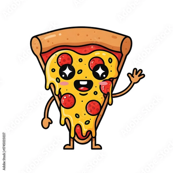Obraz Cute pizza slice cartoon character waving isolated on white background