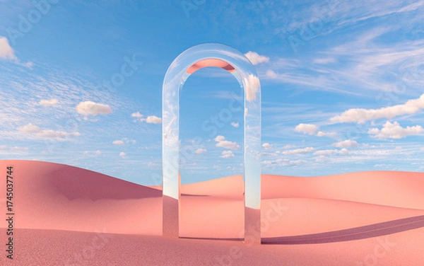 Fototapeta Surreal mirror arch installation in pink desert landscape with blue sky, 3d rendering
