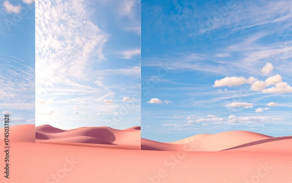 Fototapeta Large mirror wall reflecting desert sky and pink sand dunes, 3d rendering
