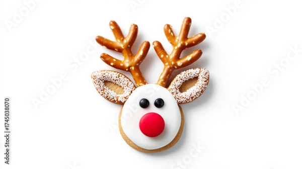 Fototapeta Festive cookie designed as a reindeer with pretzel antlers, red nose, and white icing, showcasing a playful holiday treat for seasonal celebrations and gatherings