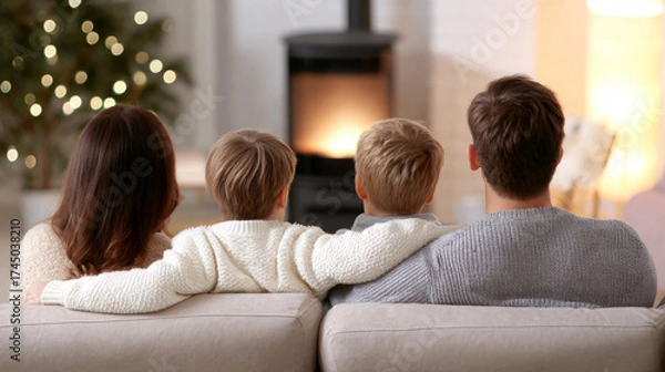 Fototapeta Family of four, cozy together on a sofa, enjoying warmth from a fireplace, with a beautifully decorated Christmas tree in the background, creating a festive atmosphere